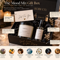 The Mood Mix Gift Box by Kobi Co. with 9 oz candle, 2 oz spray, gift card, matches, and premium gift box
