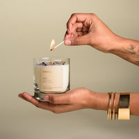 Lit #222 soy candle with fluorite crystals