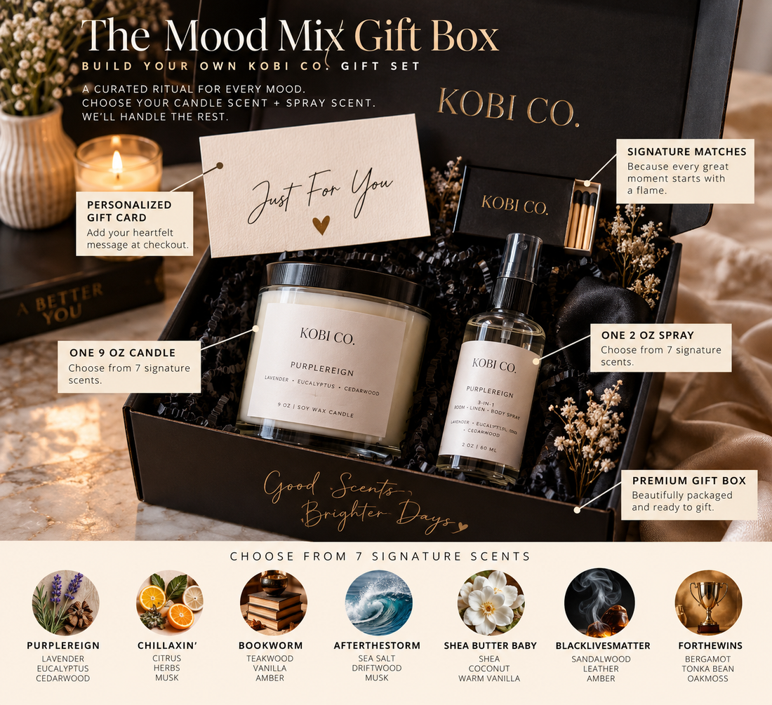 The Mood Mix Gift Box by Kobi Co. with 9 oz candle, 2 oz spray, gift card, matches, and premium gift box