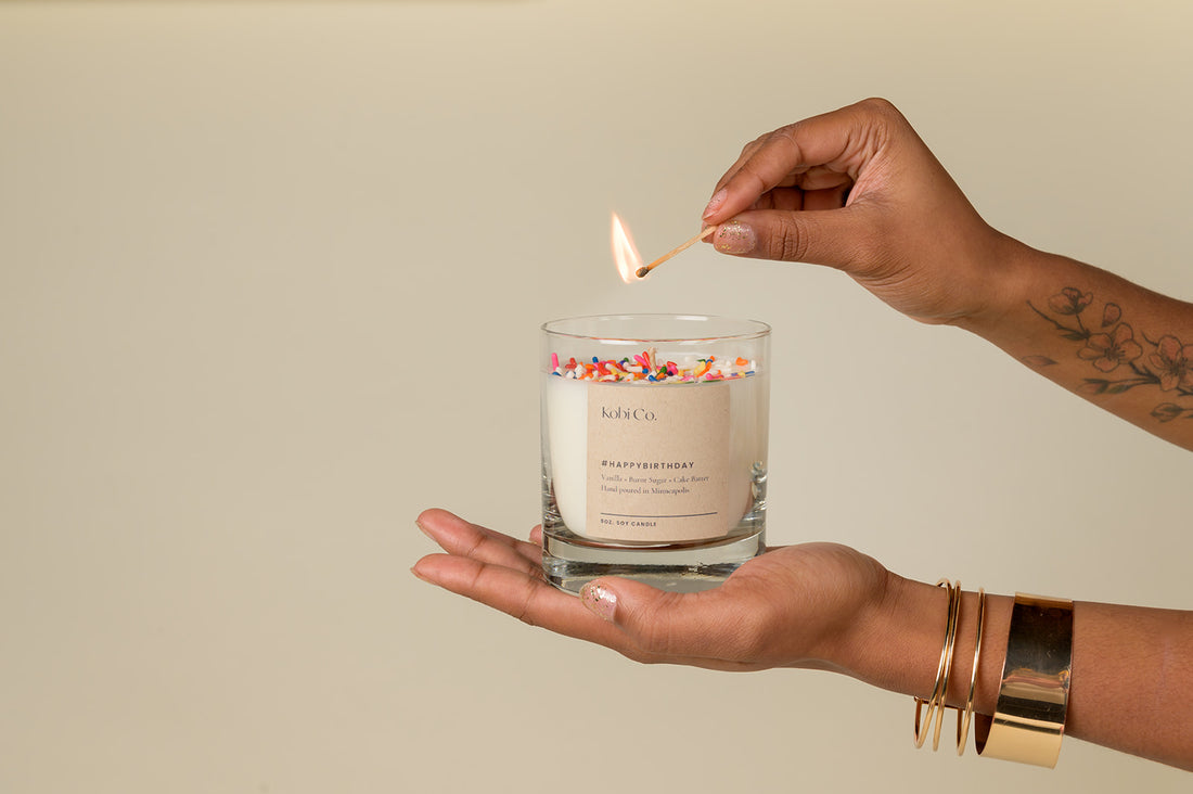 #HappyBirthday Gift Set (9 oz. candle,  Bath Bomb, Matches + Card) - Kobi Co.