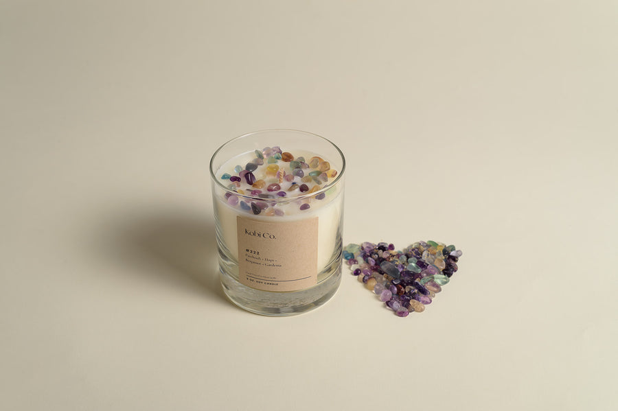 #222 soy candle with fluorite crystals 