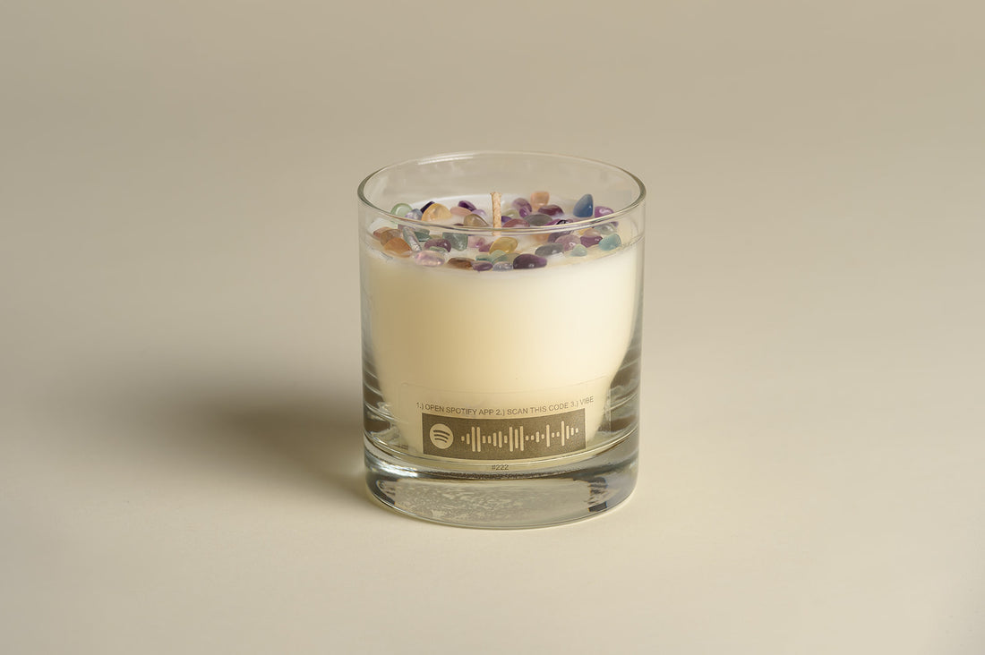 Playlist sound bar on #222 soy candle with fluorite crystals